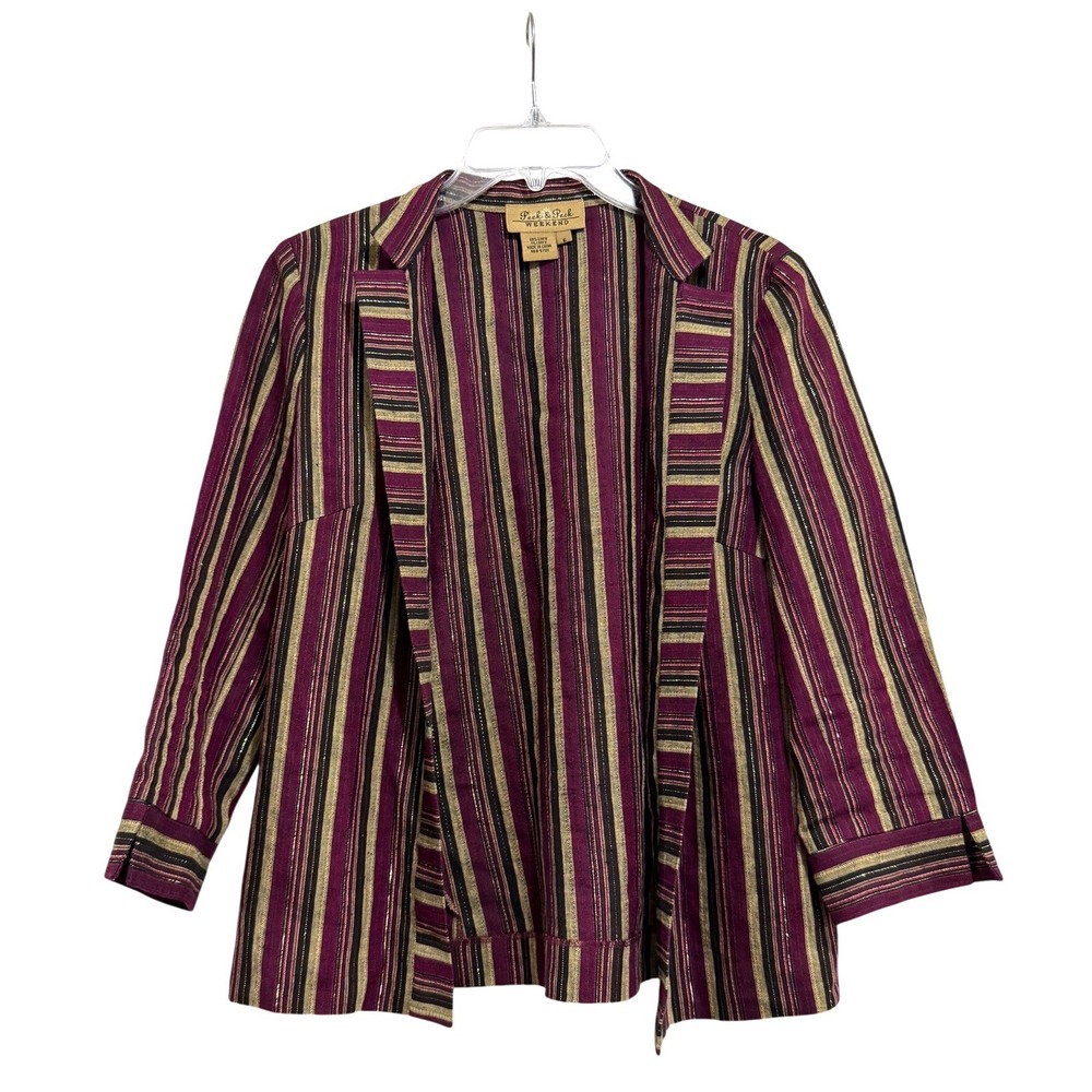 Peck & Peck Weekend Linen Metallic Stripe Open Front Blazer Purple Gold Size 6